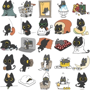 Detailed sheet of 100 cute black cat stickers featuring various cartoon lifestyle poses
