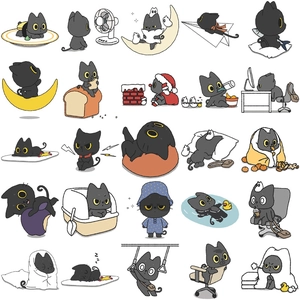 Detailed grid of 25 cute black cat stickers featuring various funny anthropomorphic poses