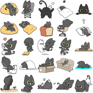 Collection of 25 cute cartoon black cat stickers in various funny daily poses