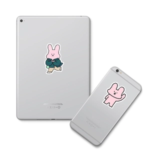 Set di adesivi con coniglietto rosa mostrati sul retro di un tablet e smartphone