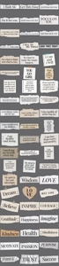 Close-up of 60 vintage aesthetic English inspirational journal stickers on dark background
