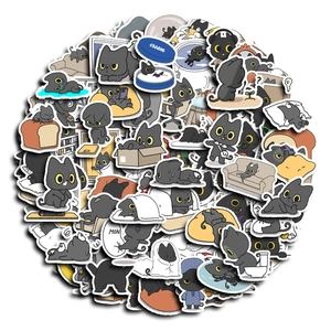 Set of 100 cute black cat stickers for journals and laptops with matte finish