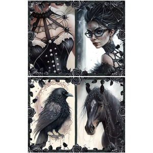 Detailed views of gothic aesthetic scrapbooking paper featuring ravens, horses, and spider motifs