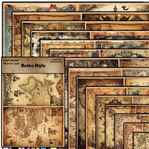 Retro nautical map craft paper set for junk journals featuring vintage ship and compass designs