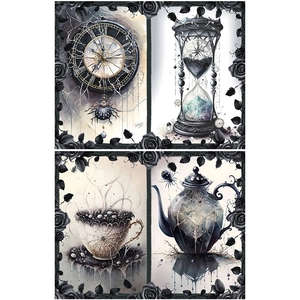Gothic scrapbooking paper featuring dark spider webs, black roses, and vintage clock art