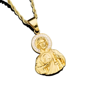 Pendaglio San Giuda placcato oro 18K lucido con zirconi su una catena a corda