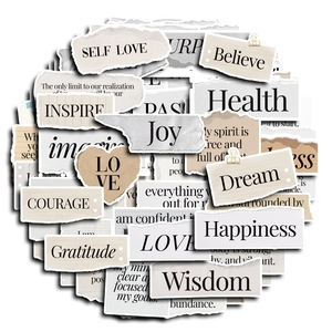 Inspirational English quote stickers with vintage torn paper effect and self-love text