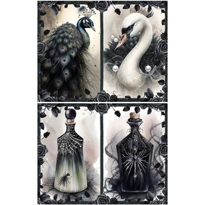 Macro view of gothic black forest art paper with swan peacock and spider patterns