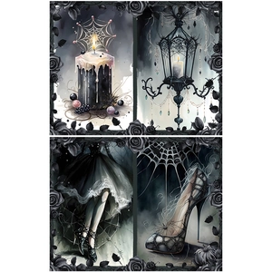 Macro view of gothic black forest art paper featuring dark princess and spider patterns