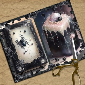 Detail of Gothic paper with spider web and dark rose border for DIY scrapbooking