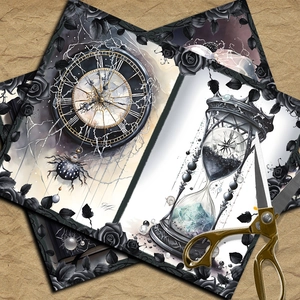 Gothic scrapbooking paper featuring dark spider, hourglass and rose motifs for DIY crafts