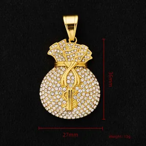 Detail view of gold-plated hip hop money bag pendant with crystals, 36mm by 27mm