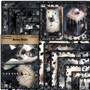 Retro Dark Forest Junk Journal Paper Set with Gothic Princess and Spider Art Patterns