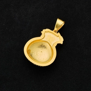 Frosted gold money bag pendant back view with wide bail on black textured background