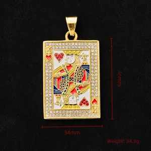 Macro view of King of Hearts poker pendant with red enamel and inlaid rhinestones