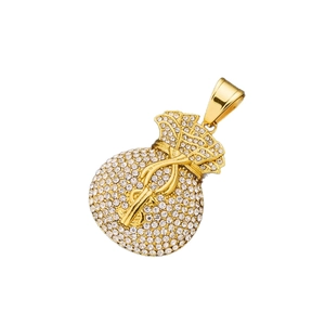 HipHop gold plated stainless steel money bag pendant with iced out rhinestones and dollar sign