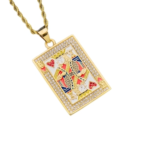 Hip hop style gold King of Hearts poker pendant necklace with iced out rhinestone frame