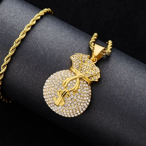 HipHop gold plated stainless steel money bag pendant necklace with sparkling clear crystals