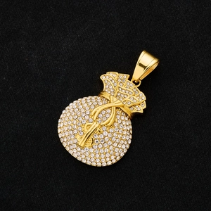 Hip-hop style gold-plated dollar money bag pendant with sparkling rhinestones for men