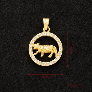 Detailed view of 23mm gold tiger zodiac pendant with crystal border and 7g weight info
