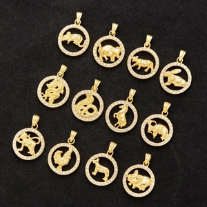 Zodiac Pendant Round Hollow Stainless Steel Gold Plated Zirconia Inlaid Animal Figure Pendant Only Without Chain