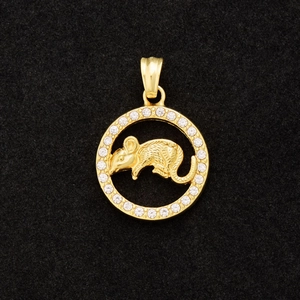 Gold plated zodiac rat pendant with sparkling crystal halo on black textured background