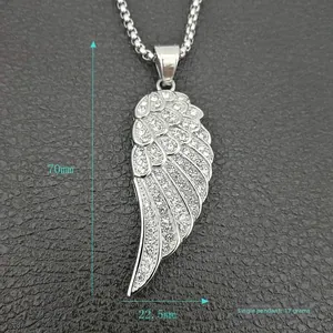 Pendentif ailes en acier inoxydable et cristaux, hauteur 70mm, style hip hop luxe