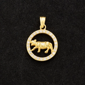 Gold stainless steel zodiac tiger pendant with sparkling crystal halo on black velvet