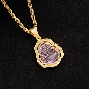 Collana a corda dorata con ciondolo Buddha ridente viola e cornice di cristalli lucidi