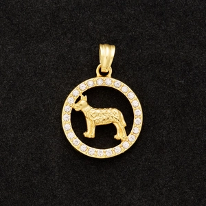 Detailed close-up of a gold-plated zodiac dog pendant with sparkling white zircons