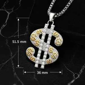 Detailed macro view of large dollar sign pendant with white rhinestones and gold accents