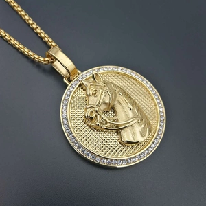 Iced out round horse head pendant necklace in 18K gold plated stainless steel