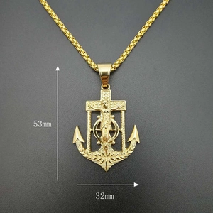Gold plated titanium steel anchor cross pendant with box chain, 53mm by 32mm size