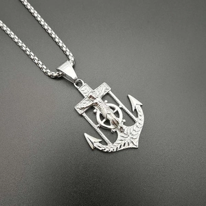 Silver stainless steel hip hop anchor necklace with Jesus crucifix and ship wheel