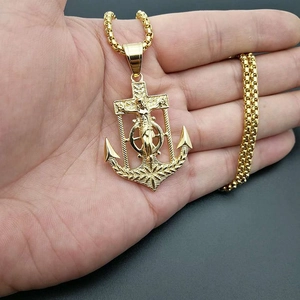 Gold-plated hip hop anchor cross pendant with jesus relief on a thick box chain