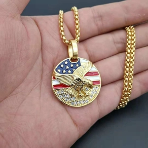 Hiphop gold titanium eagle pendant with US flag enamel and crystals on box chain