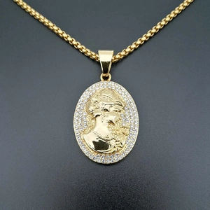 Hip Hop Stainless Steel Gold Plated Oval Cameo Pendant Only Without Chain For Women Vintage Beauty Relief Rhinestone Jewelry