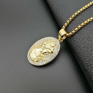 Hip hop gold plated stainless steel necklace featuring a diamond-studded lady head pendant