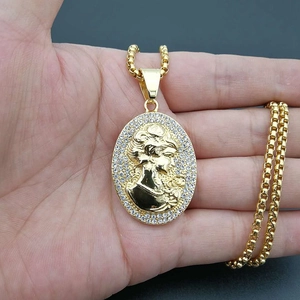 Hiphop gold plated stainless steel Medusa head pendant with crystal halo on box chain