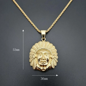 Gold Native American Indian chief pendant necklace with feather headdress and square chain