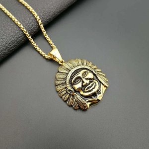 Hip hop gold plated stainless steel Indian chief pendant with a box chain necklace