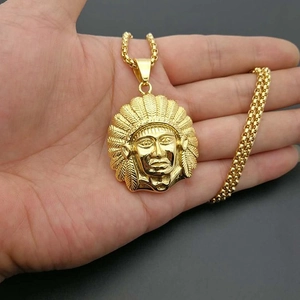 Gold plated hip hop necklace featuring a detailed Indian chief head pendant for men