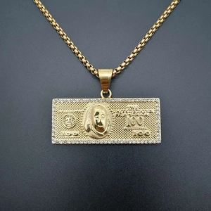 Collar hip hop con colgante de dólar bañado en oro y cristales en cadena box
