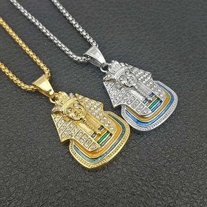 Hip Hop Stainless Steel Egyptian Pharaoh Pendant Necklace Rhinestone Enamel Tutankhamun King Pendant For Men Women Jewelry