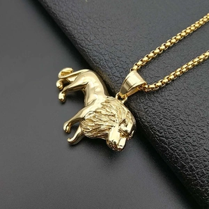 Polished gold lion pendant necklace with box chain for hip hop style on black leather