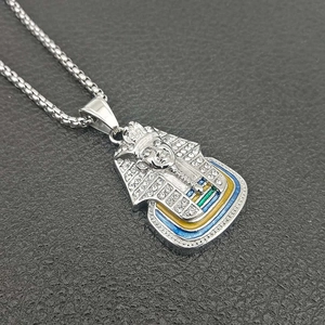 Icy silver Pharaoh pendant with sparkling diamonds and colorful enamel on a box chain