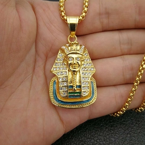 Hiphop Egyptian Tutankhamun pendant necklace in gold finish with diamonds and enamel