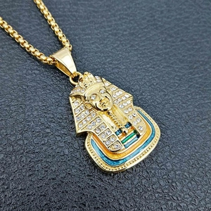 Hip hop Egyptian Pharaoh pendant with rhinestones and enamel on a gold box chain