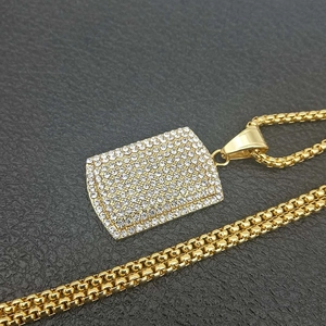 Colgante de placa militar de acero inoxidable dorado con cristales estilo hip hop
