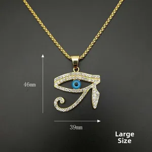 Gold plated titanium steel Eye of Horus pendant necklace with blue crystals and rhinestones